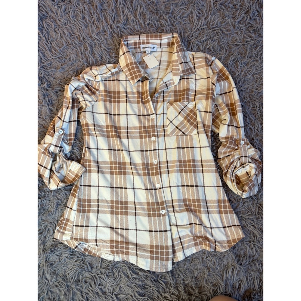 Urban Weekend Tan Plaid Roll Tab Sleeve Button Down Shirt XL NEW